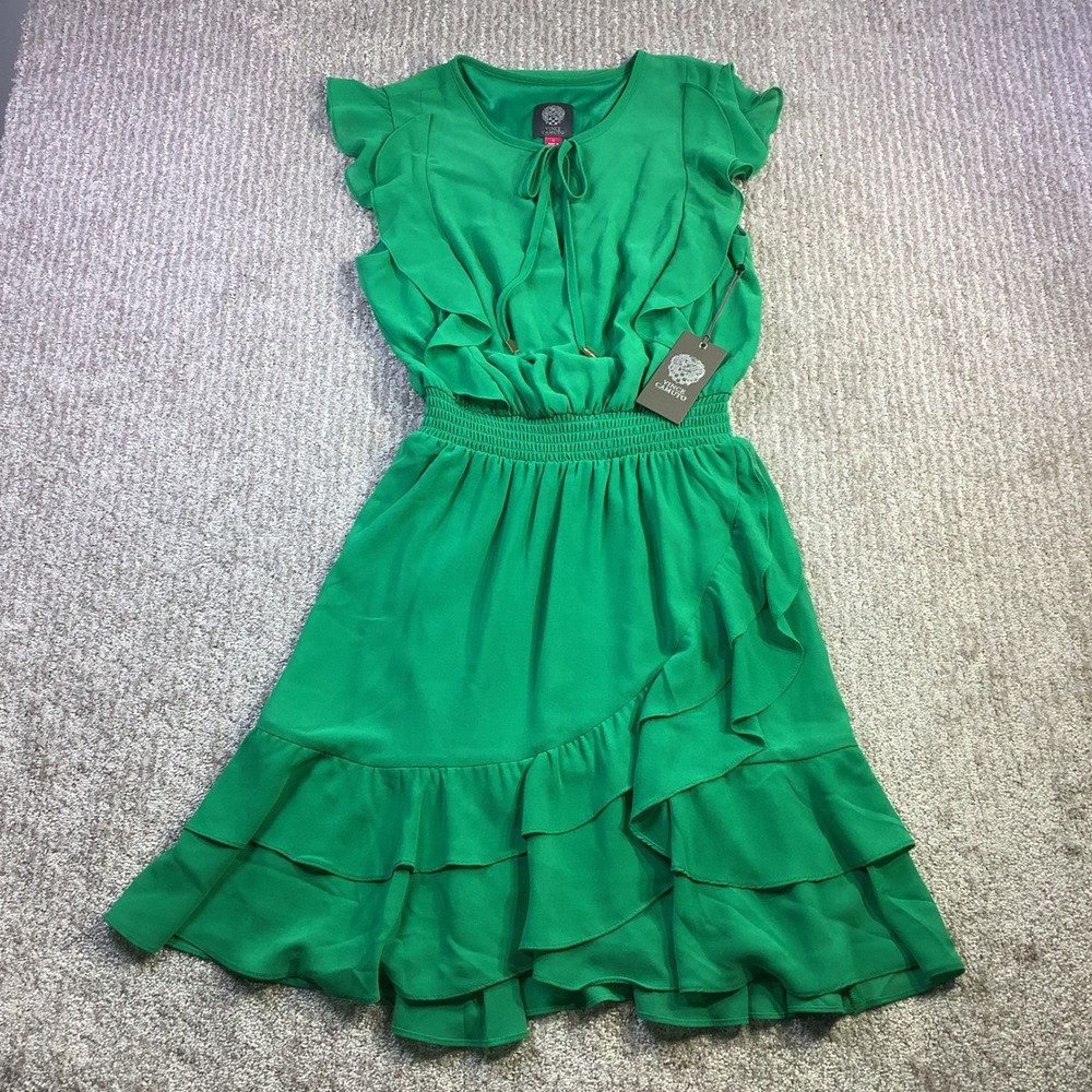 Vince Camuto Green Ruffle Tiered Smocked Waist Dress Womens Size 4 NWT